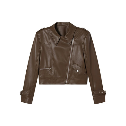 Maillard Brown PU Leather Biker Jacket - Luxury Short Women's Suit