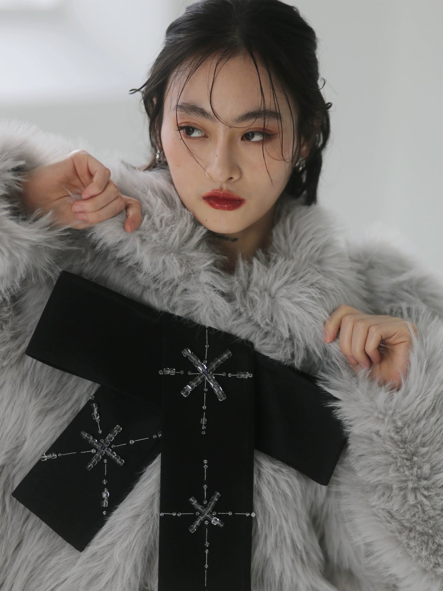 Handmade Beaded Bow Faux Fur Coat