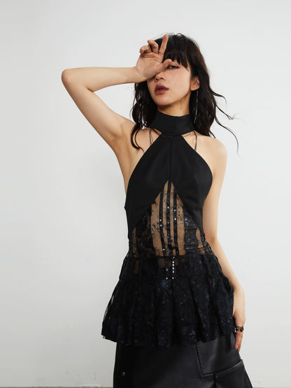 Dark Sexy Lace Sequin Pleated Hem Top