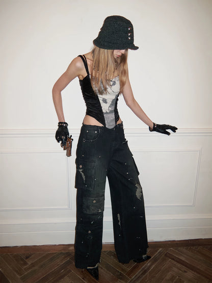 Retro multi-pocket cargo style washed denim jeans for women, loose fit, versatile, splatter paint, logging pants