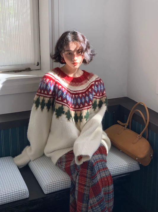 Retro Christmas Jacquard Sweater – Oversized Winter Warmth