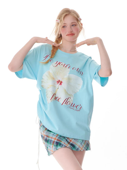 Flower Printed Drawstring T-shirt | Loose Round Neck Retro Design for Summer