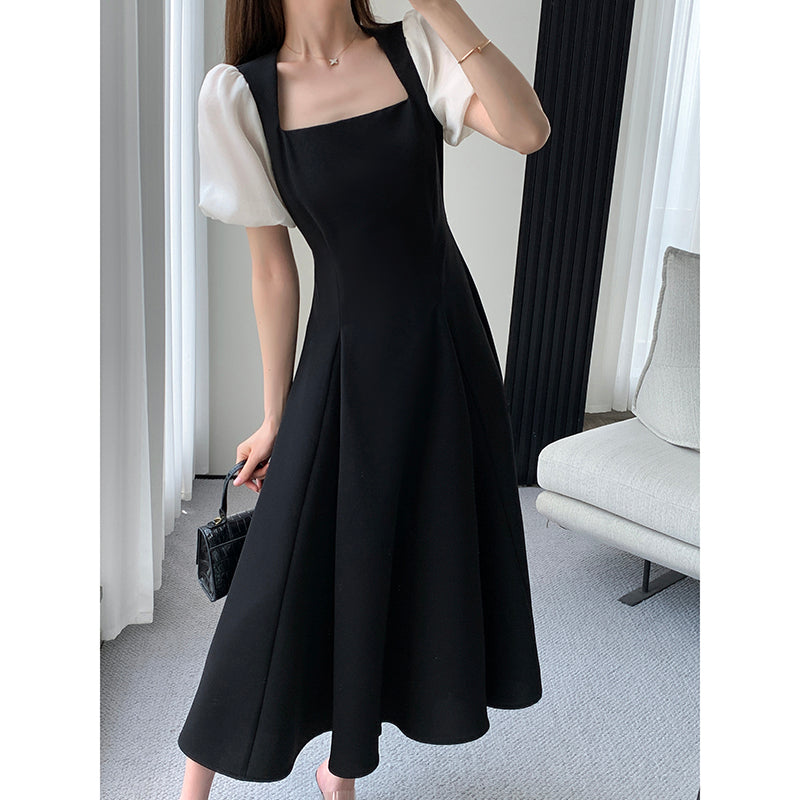 Retro Square Neck Black Skirt