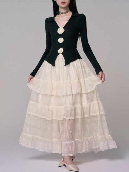 Dark Lace Cake Skirt with High-Waist Design (Niche Style)