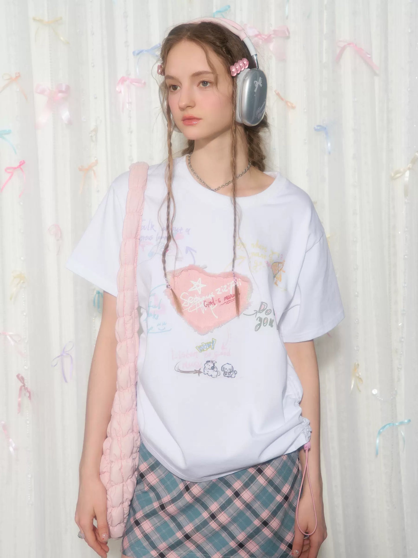 Love Patch Printed Drawstring T-shirt | Heavy Industry Round Neck Design for Summer