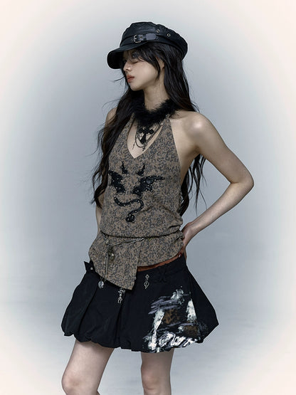 Chaleco halter con remaches y estampado de leopardo Diseño de bordado de diablo punk retro |