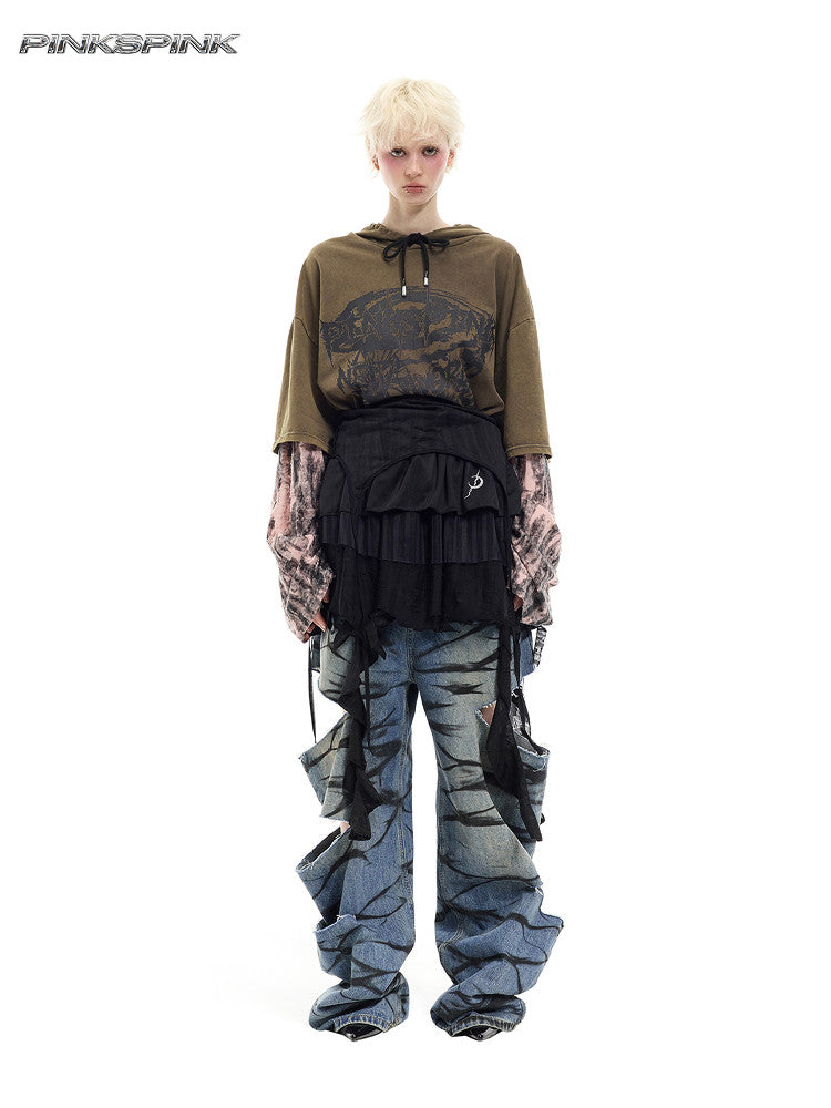 Distressed Washed Two-Piece Layered Unisex Y2K Tee