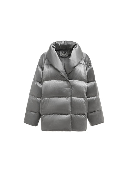 Silver Satin Down Jacket – 90% White Duck Down Thick Winter Puffer for Women