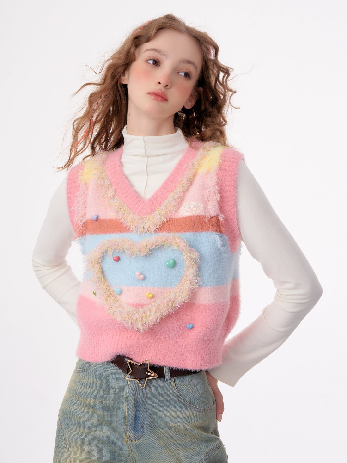 Gilet pull Pink Love | Design rétro doux et doux à col en V pour l’automne/hiver