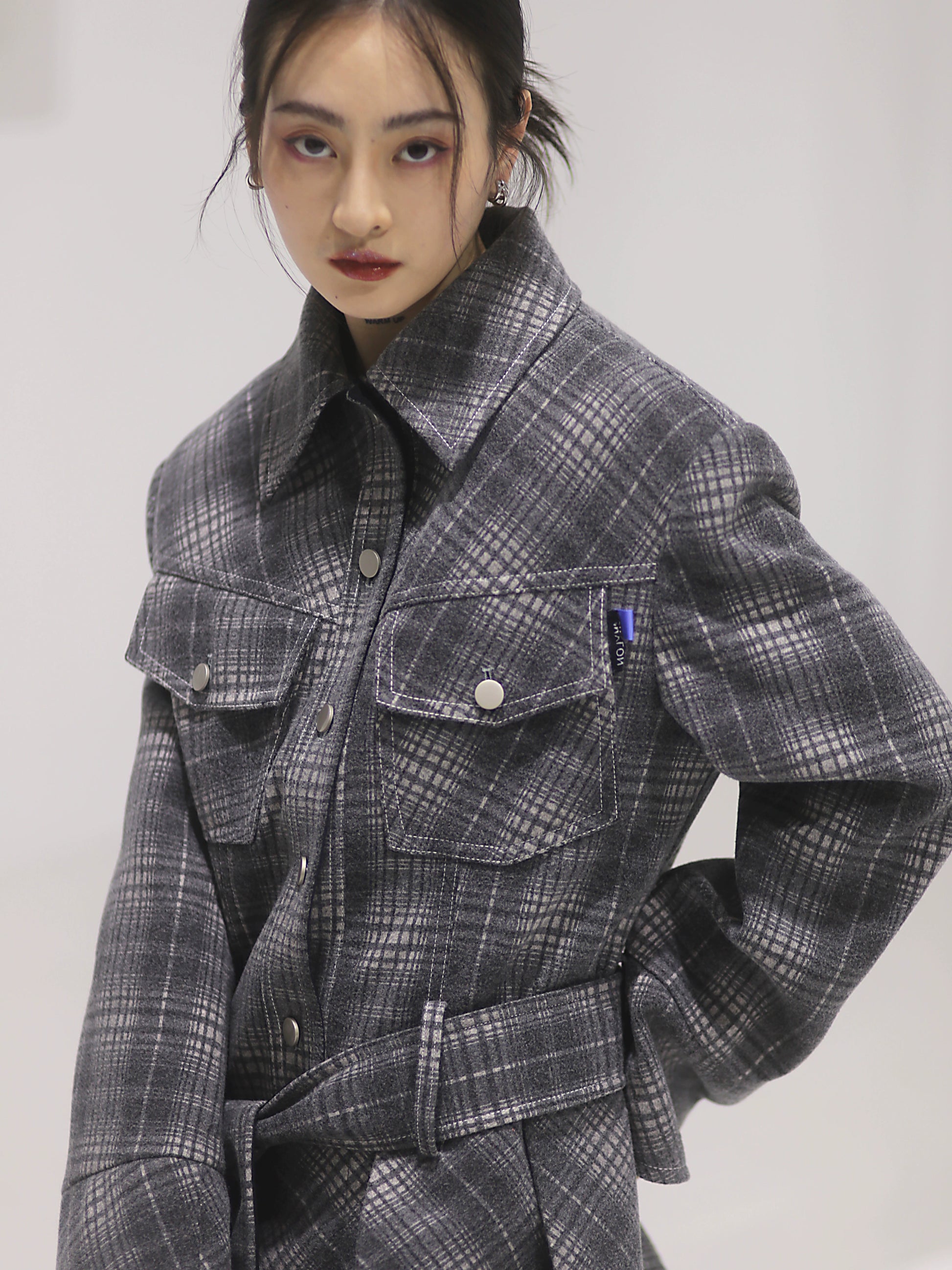 Pleated Skirt Plaid Woolen Work Jacket