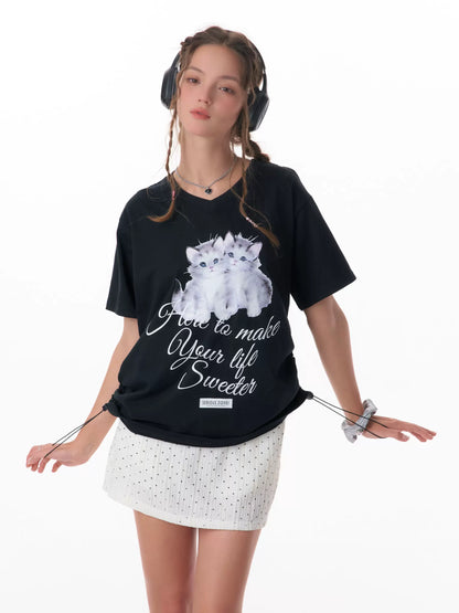 Cat Print V-neck Drawstring T-shirt | Loose Fit Summer Retro Design