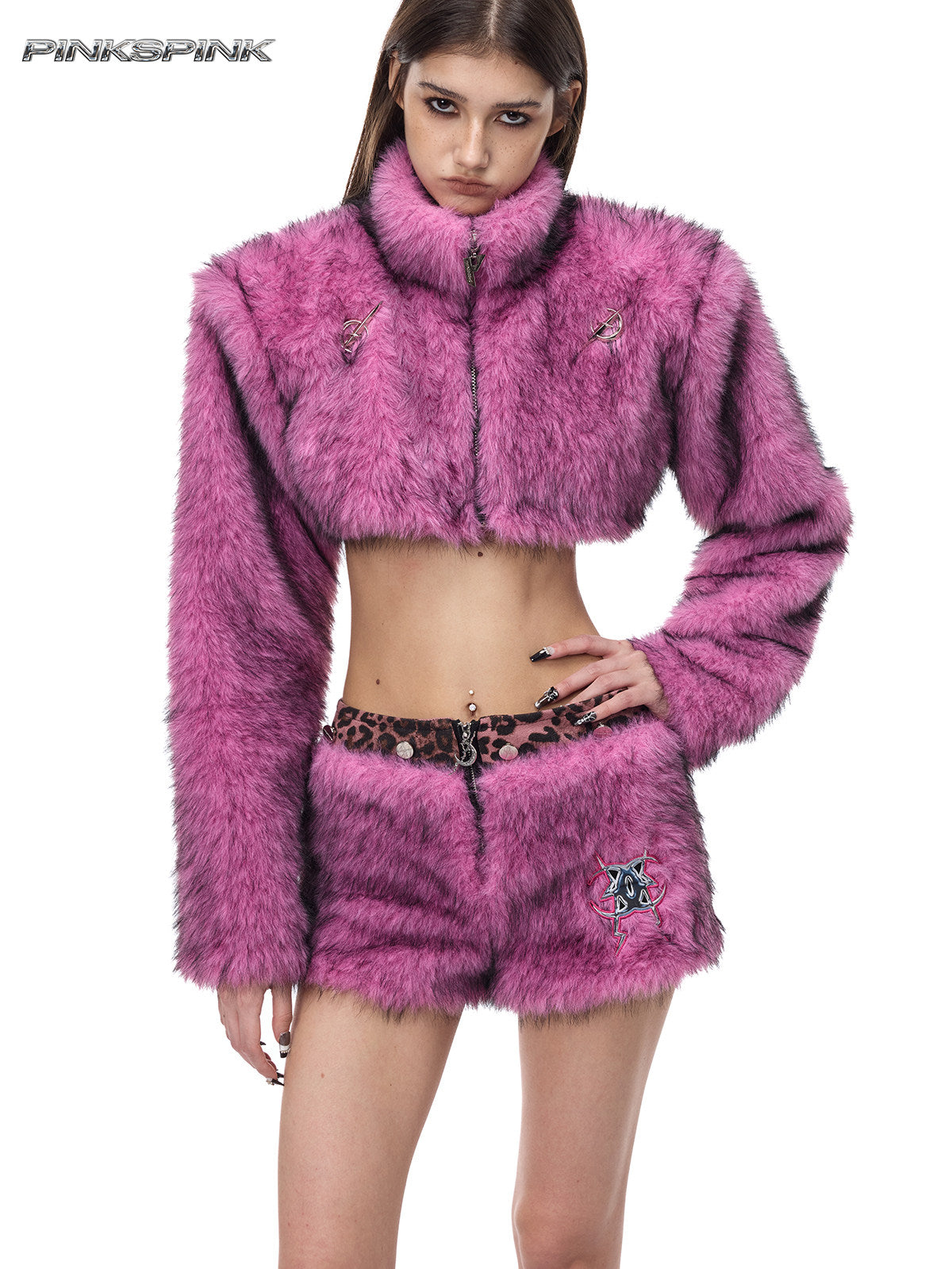 Detachable Pink Leopard Fur Y2K Mini Skirt / Pants Hybrid