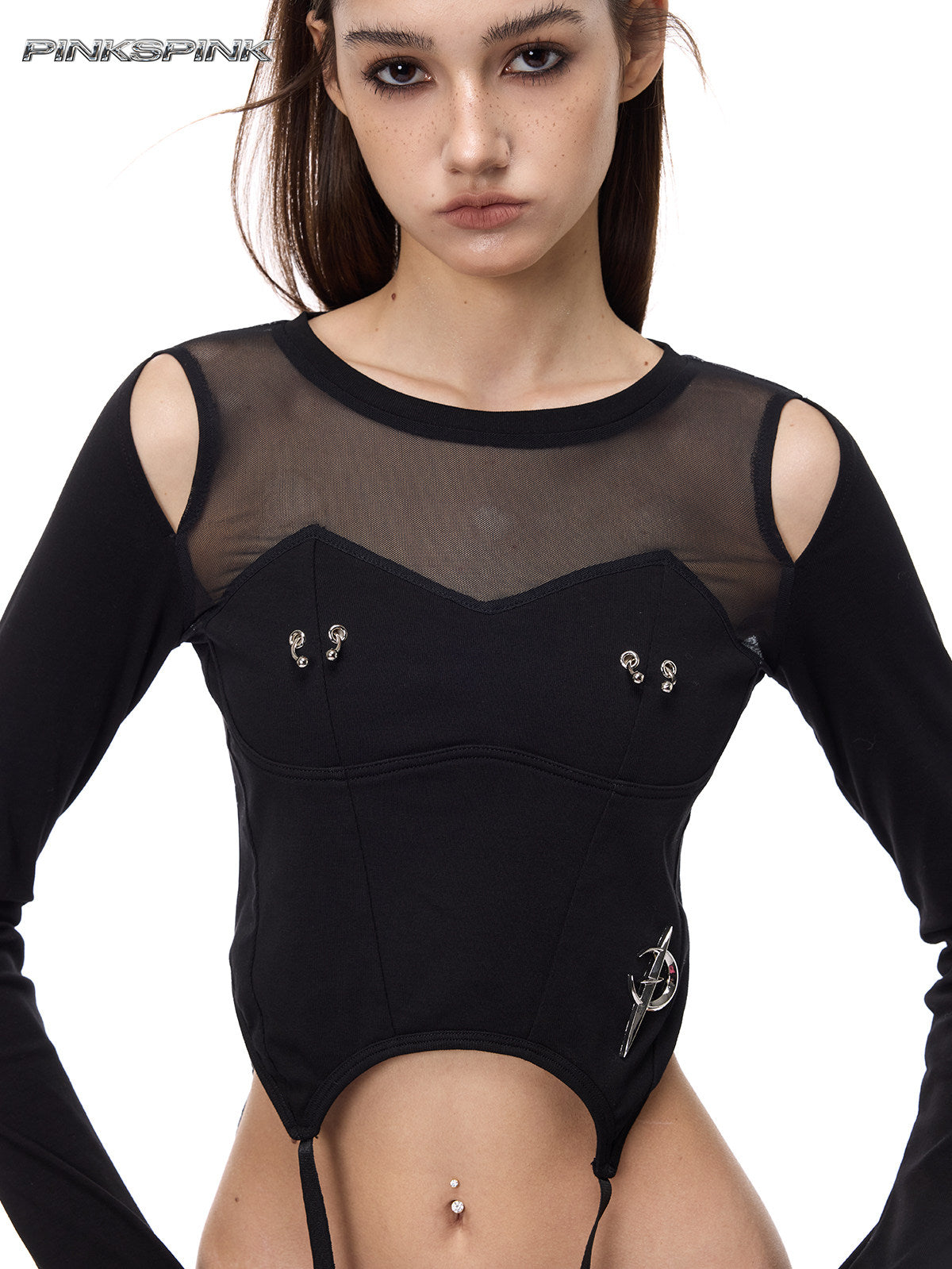 Electric Moon Patchwork Mesh Punk Y2K Base Layer Tee