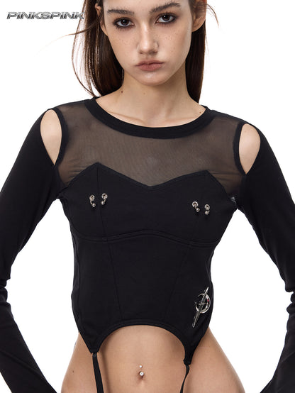 Electric Moon Patchwork Mesh Punk Y2K Base Layer Tee