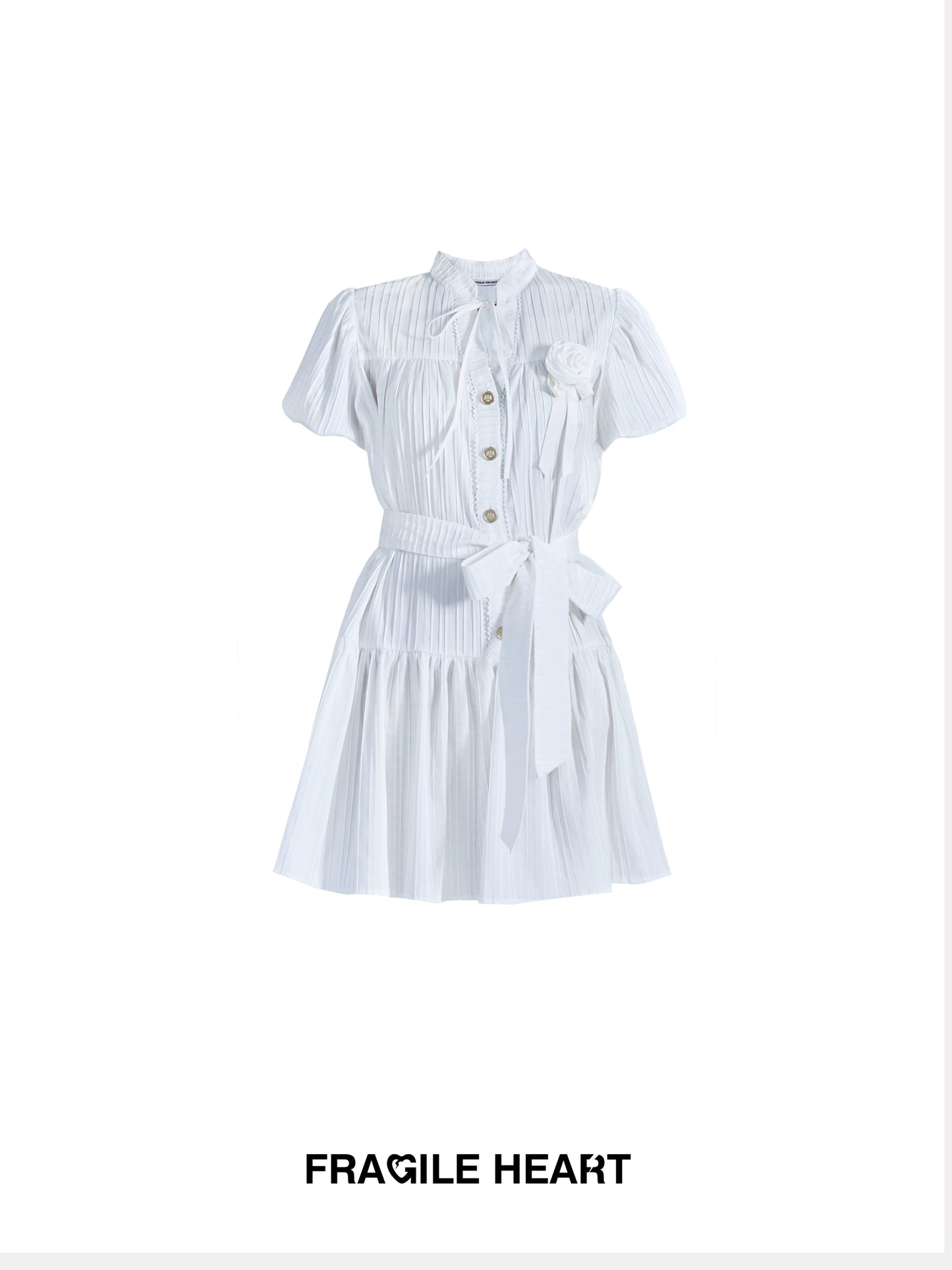 French Holiday White Bubble Sleeve Tie Dress