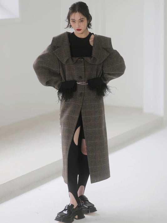 Generous Collar Off Shoulder Plaid Woolen Long Coat