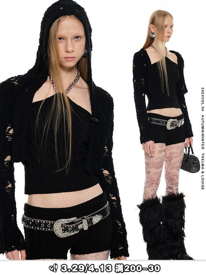 Cutout Hooded Knit Cardigan – Slim Fit Long Sleeve Jacket with Cinched Waist