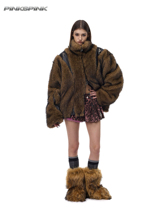 Electric Moon 3D Patchwork Loose Y2K Fur Coat