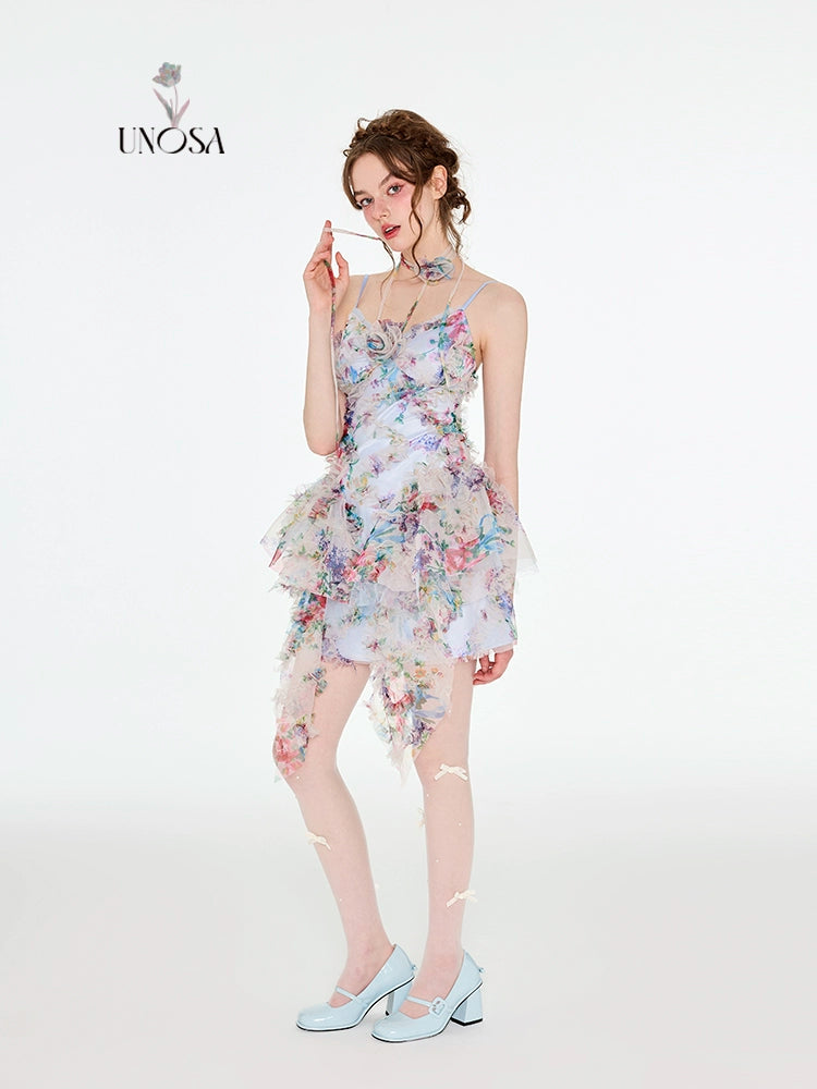 Original Design: 'Floating Light & Sweeping Shadow' 3D Ruffle Oil Painting Strap Dress