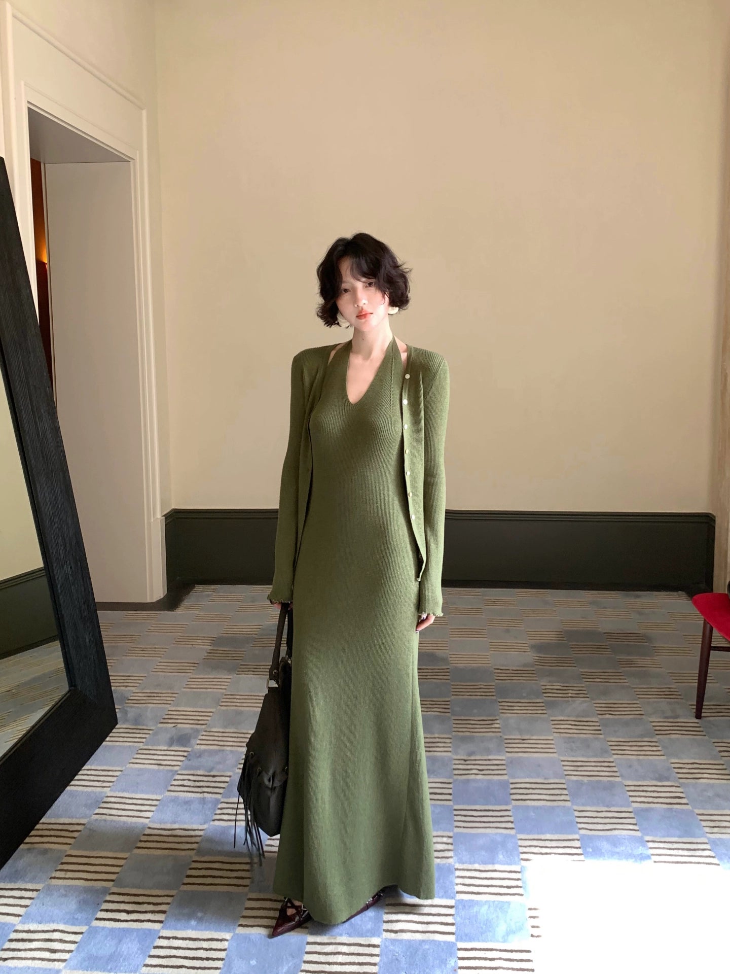 Qingtan Knit Cardigan & Halter Long Dress Set – Hong Kong Retro Autumn Look