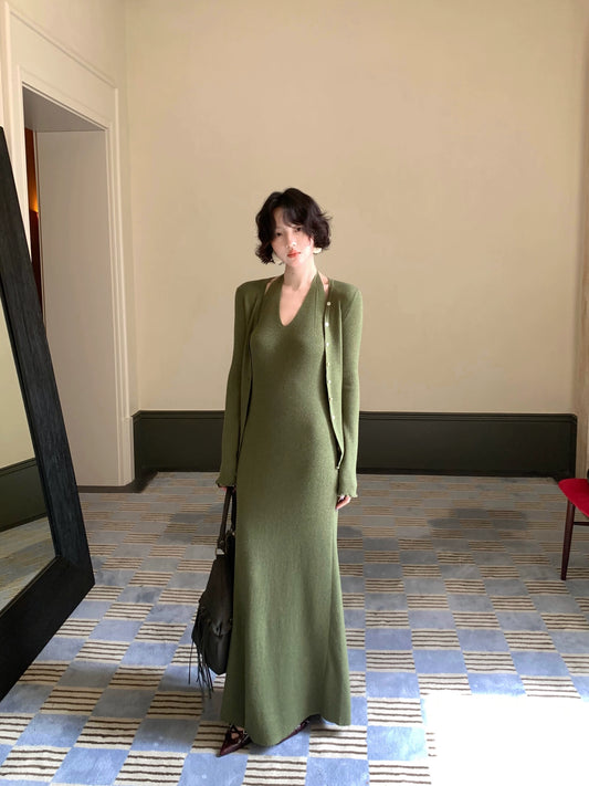 Qingtan Knit Cardigan & Halter Long Dress Set – Hong Kong Retro Autumn Look