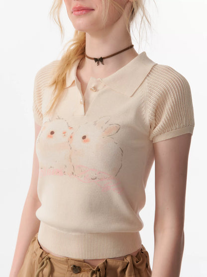 Rabbit Printed Polo T-shirt | Hollow Half Sleeve Retro Design for Summer