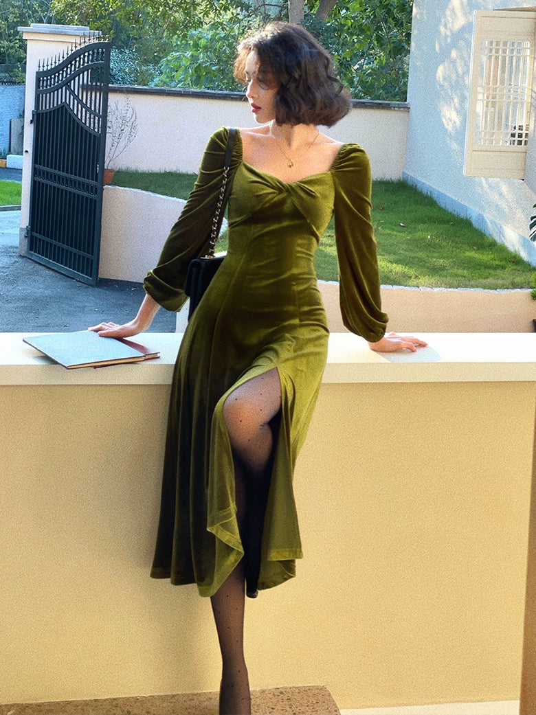 Square-Neck Velvet Long Sleeve Slit Dress – French Retro Winter Style