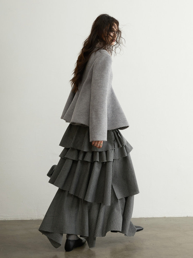 Gray Striped Ruffle Midi Skirt | Retro Frayed Slit Skirt