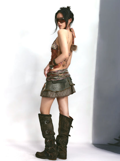 Double-Panel Washed Denim Skirt – Bold Contrast Design