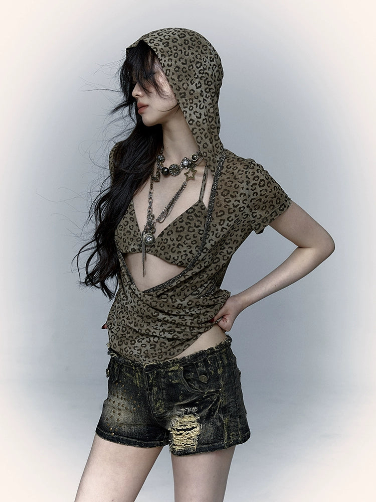 Metal Mesh Leopard Hoodie | Retro Beach Bikini Cover T-shirt