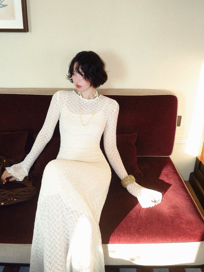 Moonlight Cicada Sheer Lace Long Dress with Anti-Exposure Slip – Vintage Romance