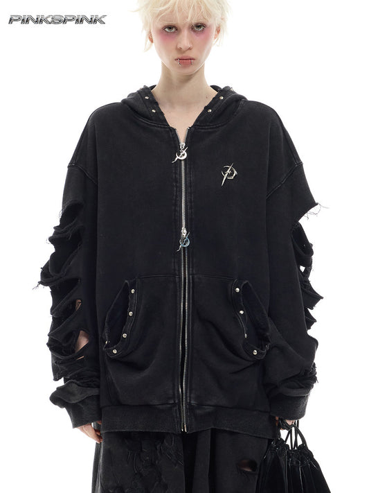 Rivet-Washed Distressed Unisex Y3K Hooded Cardigan
