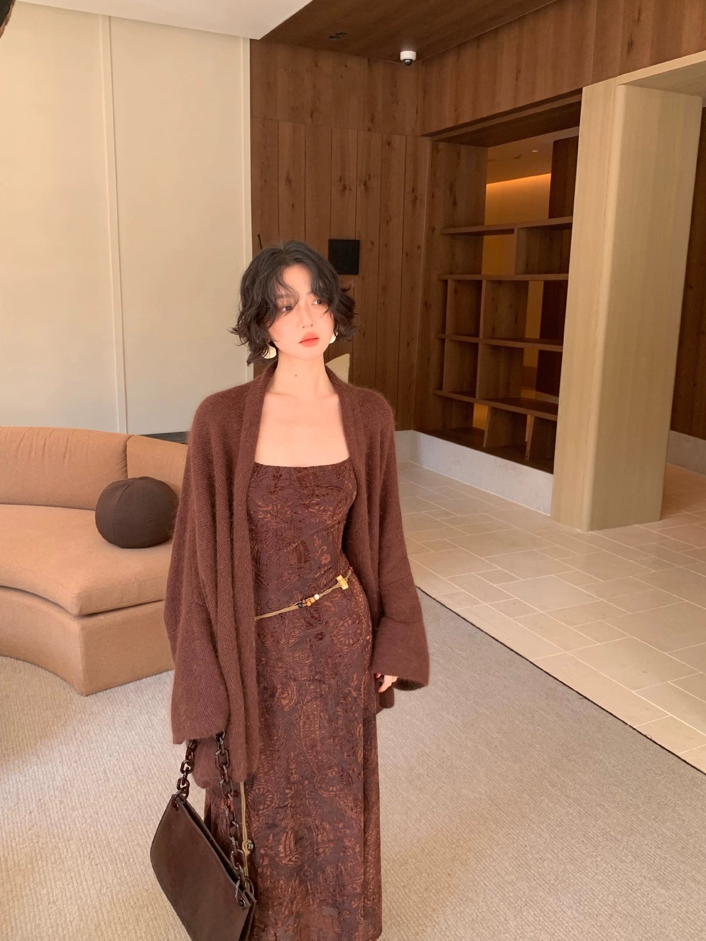 Amber Pine Forest Stretch Velvet Mesh Slip Dress – Hong Kong Retro Autumn