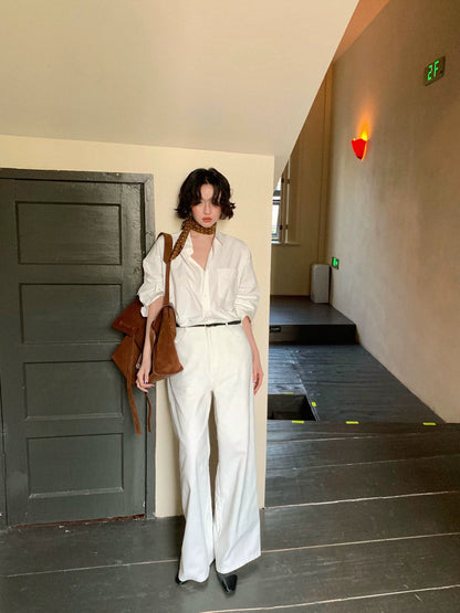 High-Waisted White Cotton Jeans – Hong Kong Retro Autumn Straight-Leg Fit