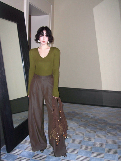 High-Waisted Wide-Leg Straight Pants – Hong Kong Retro Autumn Minimal