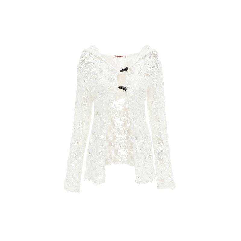 Cutout Hooded Knit Cardigan – Slim Fit Long Sleeve Jacket with Cinched Waist