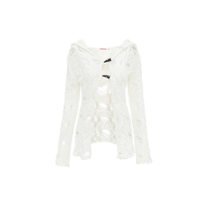 Cutout Hooded Knit Cardigan – Slim Fit Long Sleeve Jacket with Cinched Waist