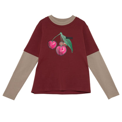 Cherry Print Contrast Panel Long Sleeve T-shirt