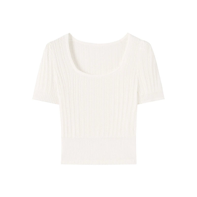 Square Neck Knitted Short Sleeve Tee for Summer