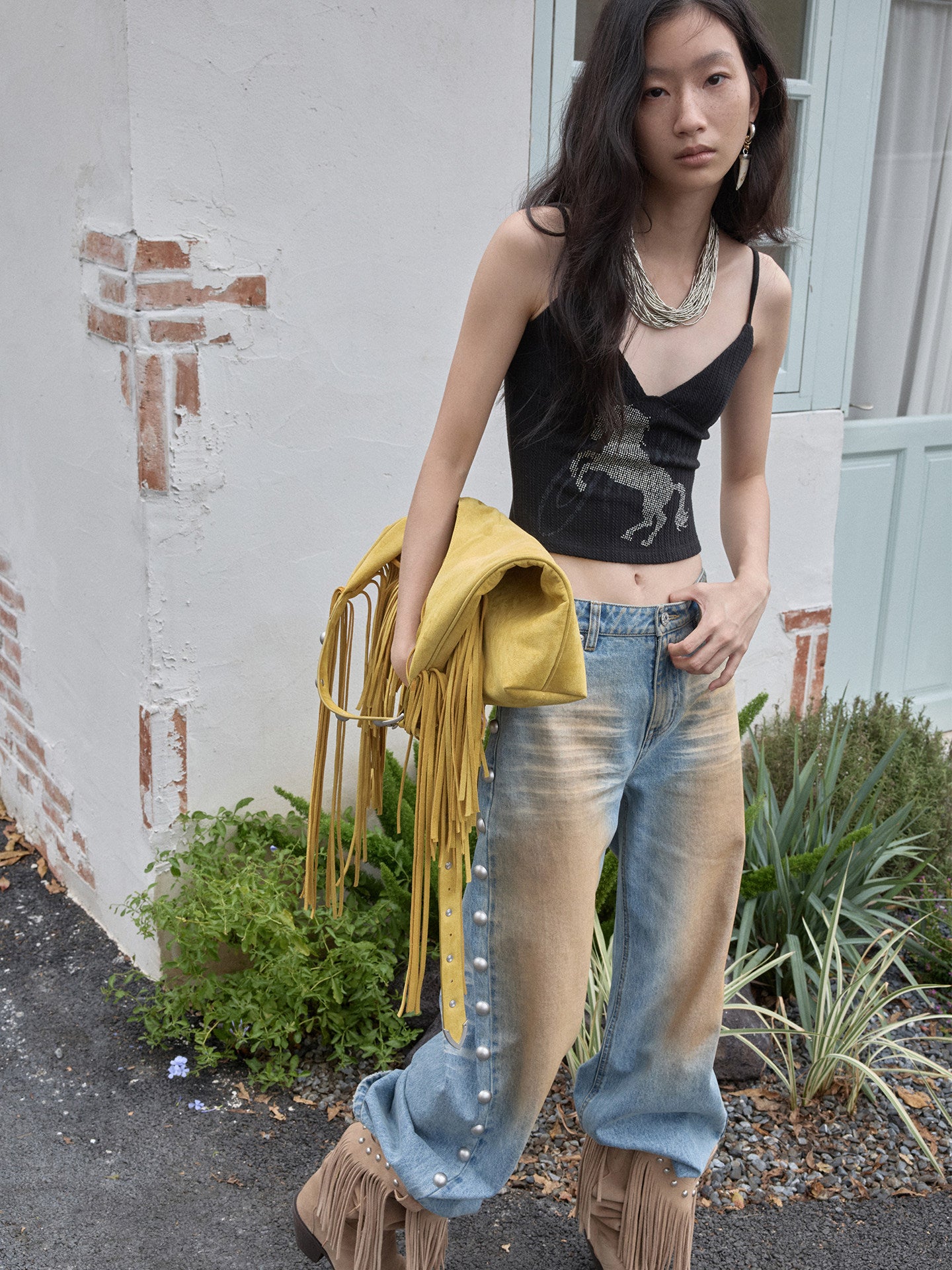 Distressed Rivet Wide-Leg Jeans