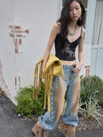Distressed Rivet Wide-Leg Jeans