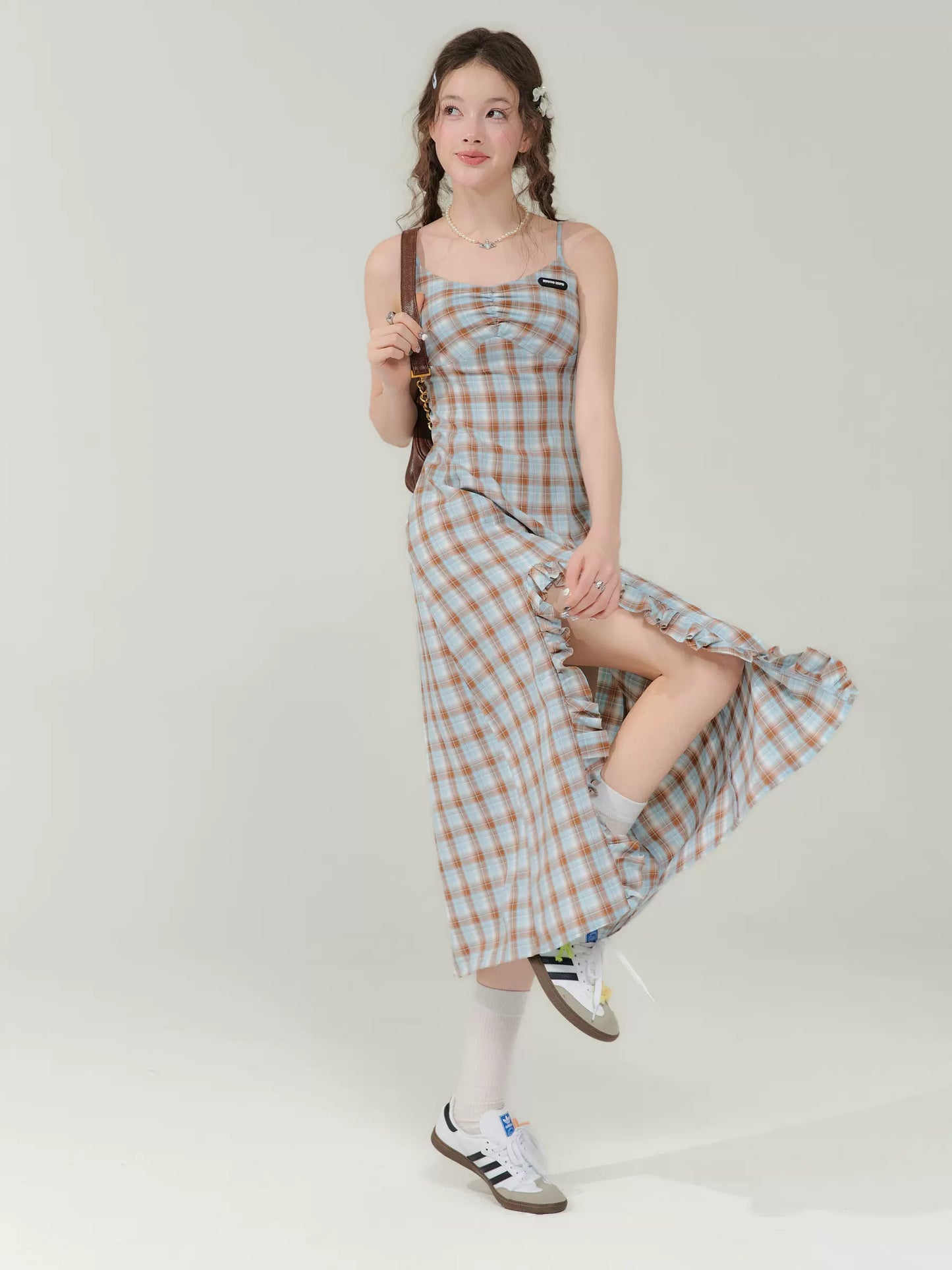 Plaid Suspender Dress | Slim Fit Split Retro Blue-Brown Plaid Design