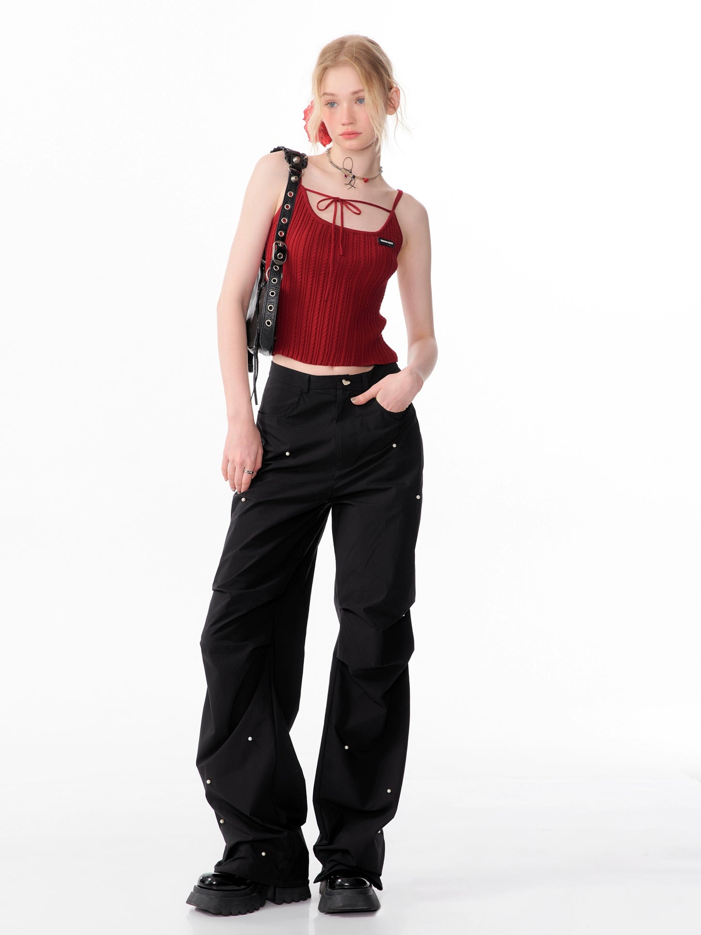 Slim Fit Pearl Wide-Leg Pants | Retro High Waist Black Casual Style