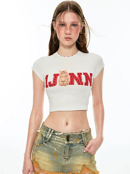 Summer Fruit Print Rhinestone Cropped T-Shirt – Elastic Slim Fit