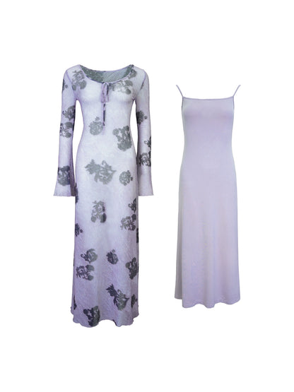 Autumn Ivy & Apricot Linen Mesh Print Long Dress – Hong Kong Retro 2025 Autumn