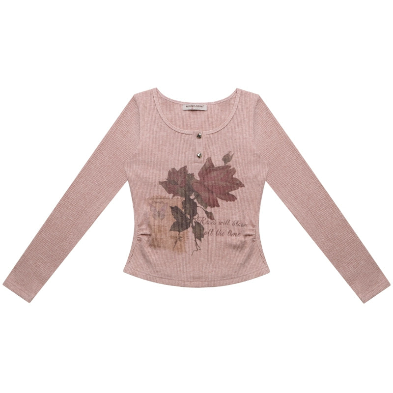 Butterfly Print Long Sleeve Knit Top | Slim Fit Retro Style for Autumn/Winter