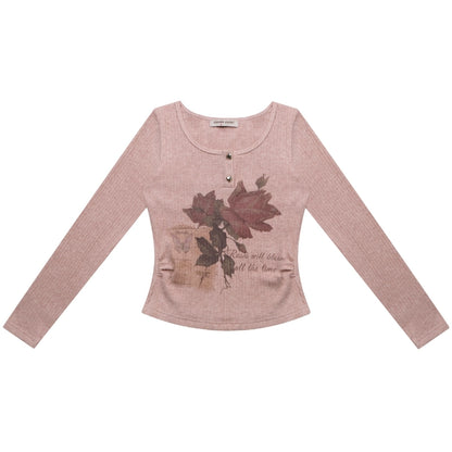 Butterfly Print Long Sleeve Knit Top | Slim Fit Retro Style for Autumn/Winter