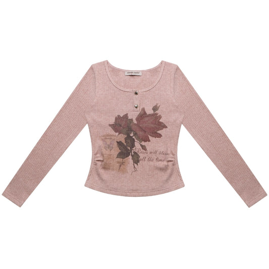 Butterfly Print Long Sleeve Knit Top | Slim Fit Retro Style for Autumn/Winter