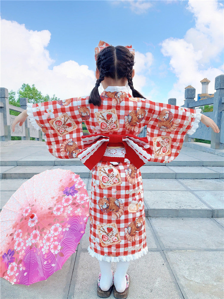 Children's Red Panda Picnic Kimono Dress