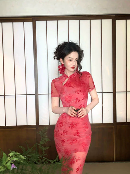 Mesh Floral Slim Cheongsam Dress